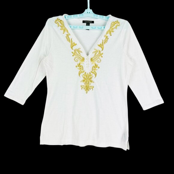 Lauren Ralph Lauren Women's Embroidered V-Neck White 3/4 Sleeve Tunic Top Size M - Picture 1 of 9